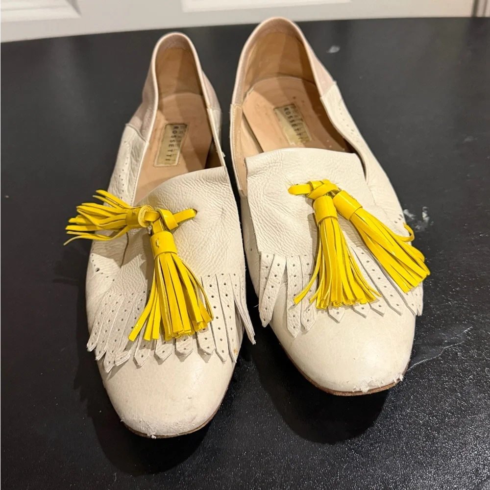 Fratelli Rossetti White and Yellow Tassel calfskin leather Loafers size 8